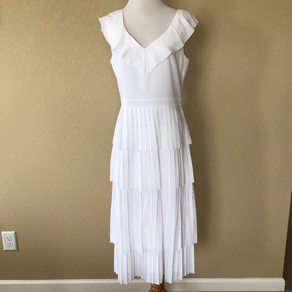NWT Banana Republic Petite White Tiered Laser-Cut Ruffle Dress, Size 8P